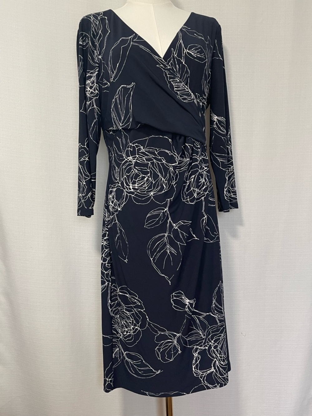 Lauren Ralph Lauren Navy Blue and White Long Sleeve Floral Wrap Dress